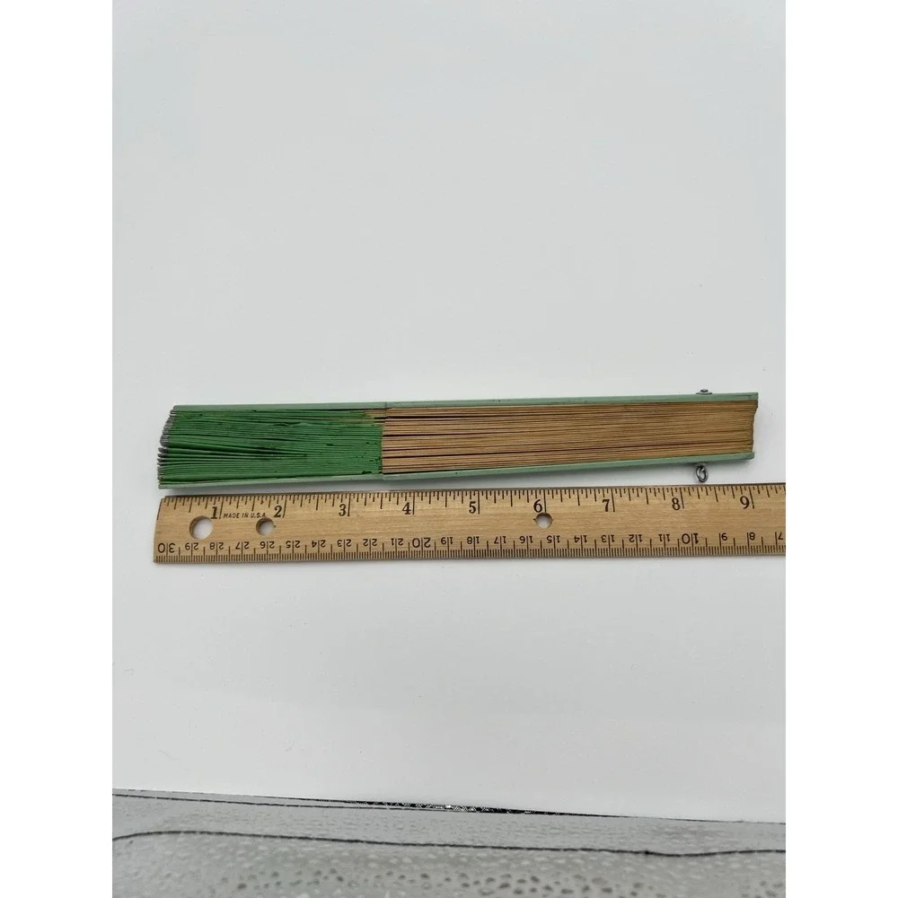 Vintage / Antique Paper & Wood Hand Floral Fan Green